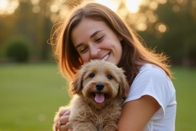 A person hugging a newly adopted mixed-breed puppy