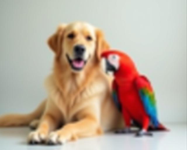 A happy Golden Retriever and a colorful Macaw parrot sitting together